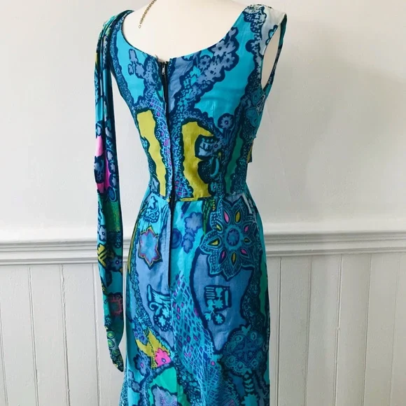Vintage VTG 60s 1960s PSYCHEDELIC BATIK Blue Dream Festival Maxi Dress Xs - Picture 2 of 6